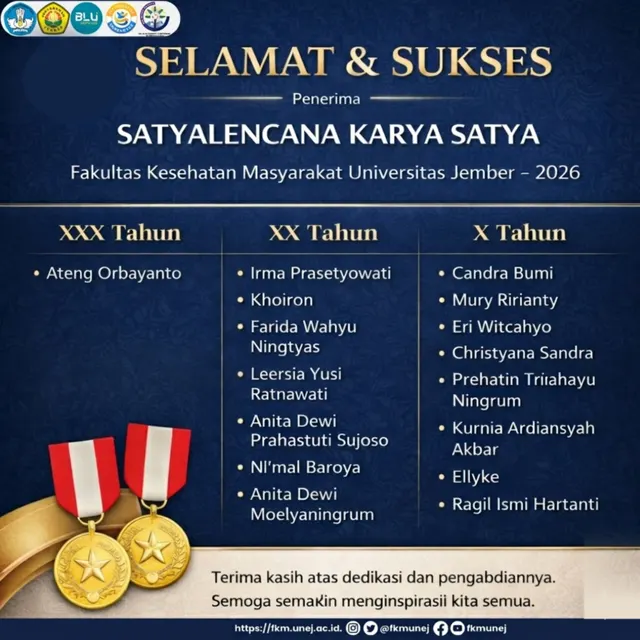 Apresiasi Dedikasi dan Loyalitas, 16 Dosen dan Tendik FKM UNEJ Terima Tanda Kehormatan Satyalancana Karya Satya 2026