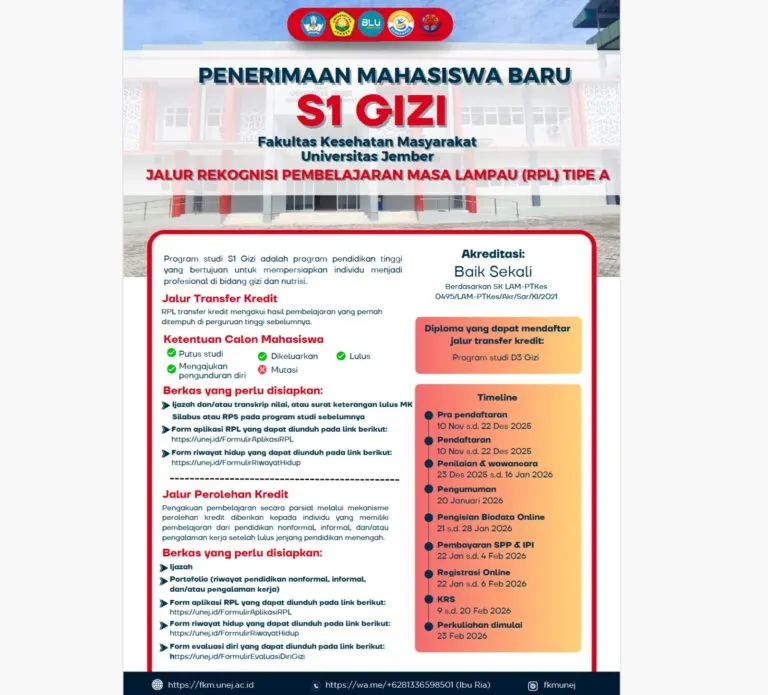 Penerimaan Mahasiswa Baru S1 Gizi Melalui Jalur RPL Tipe A