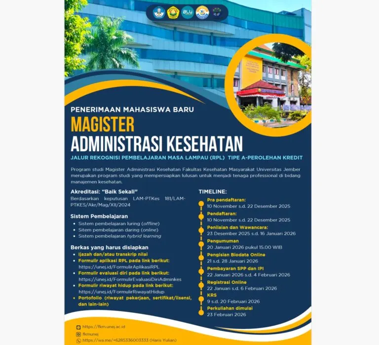 Penerimaan Mahasiswa Baru Magister Administrasi Kesehatan Melalui Jalur RPL Tipe A