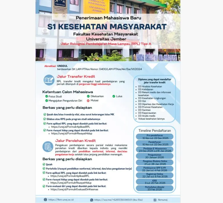 Penerimaan Mahasiswa Baru S1 Kesehatan Masyarakat Melalui Jalur RPL Tipe A