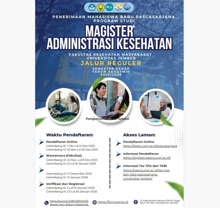 FKM Unej Buka Pendaftaran Magister Administrasi Kesehatan Jalur Reguler Genap 2025/2026