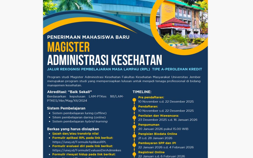 Penerimaan Mahasiswa Baru Magister Administrasi Kesehatan Melalui Jalur RPL Tipe A